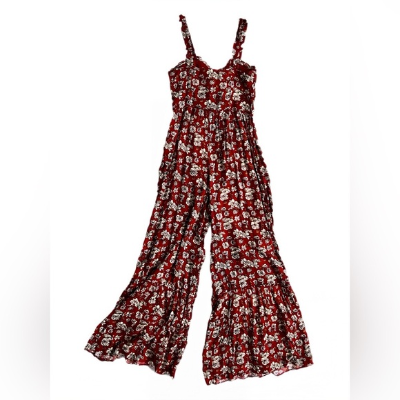 American Eagle Boho Cottagecore Red Floral Jumpsuit Flare Ruffle Leg Women Sz 4 - Picture 4 of 16